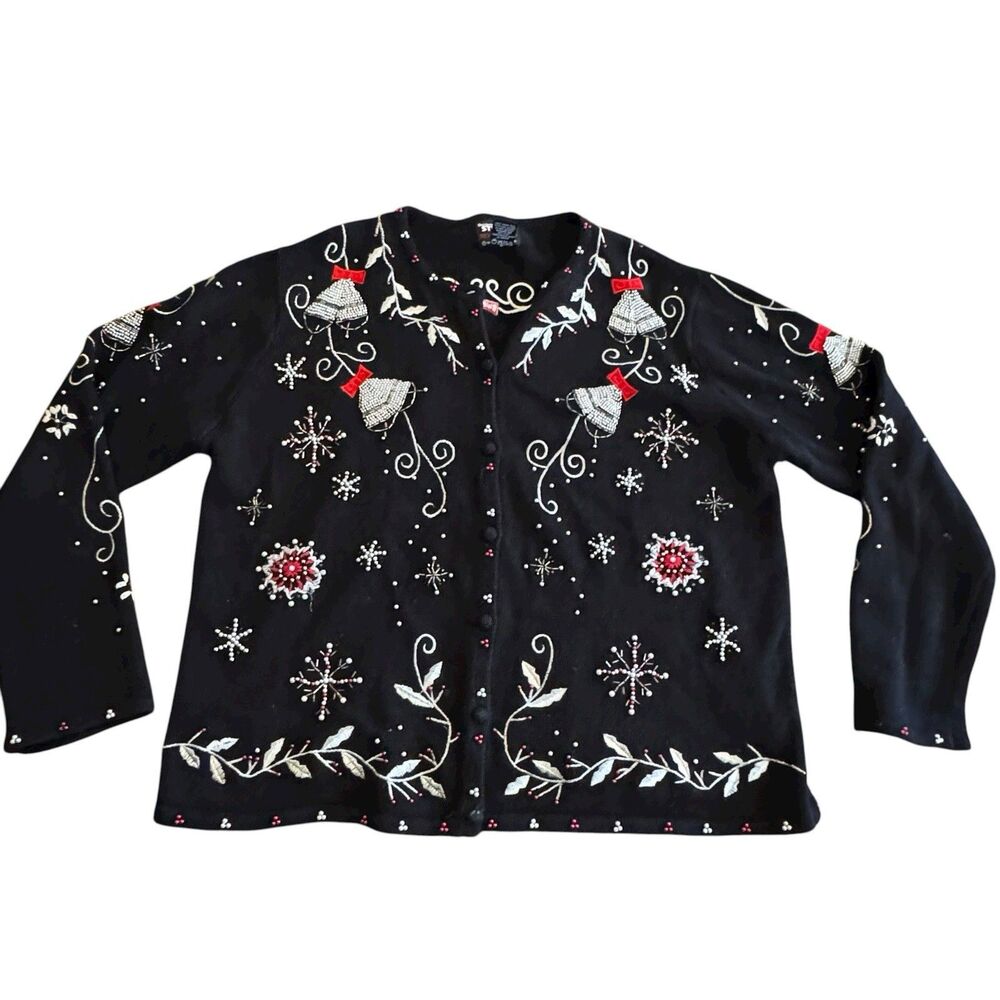 Vtg Designers Originals Studio Black Embroidered Christmas Sweater Cardigan Sz L